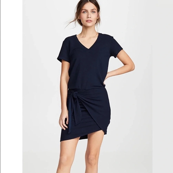 MONROW NWT Supersoft Short Sleeve V-neck Dress with Tie Inca Blue Women’s Large - Picture 1 of 13